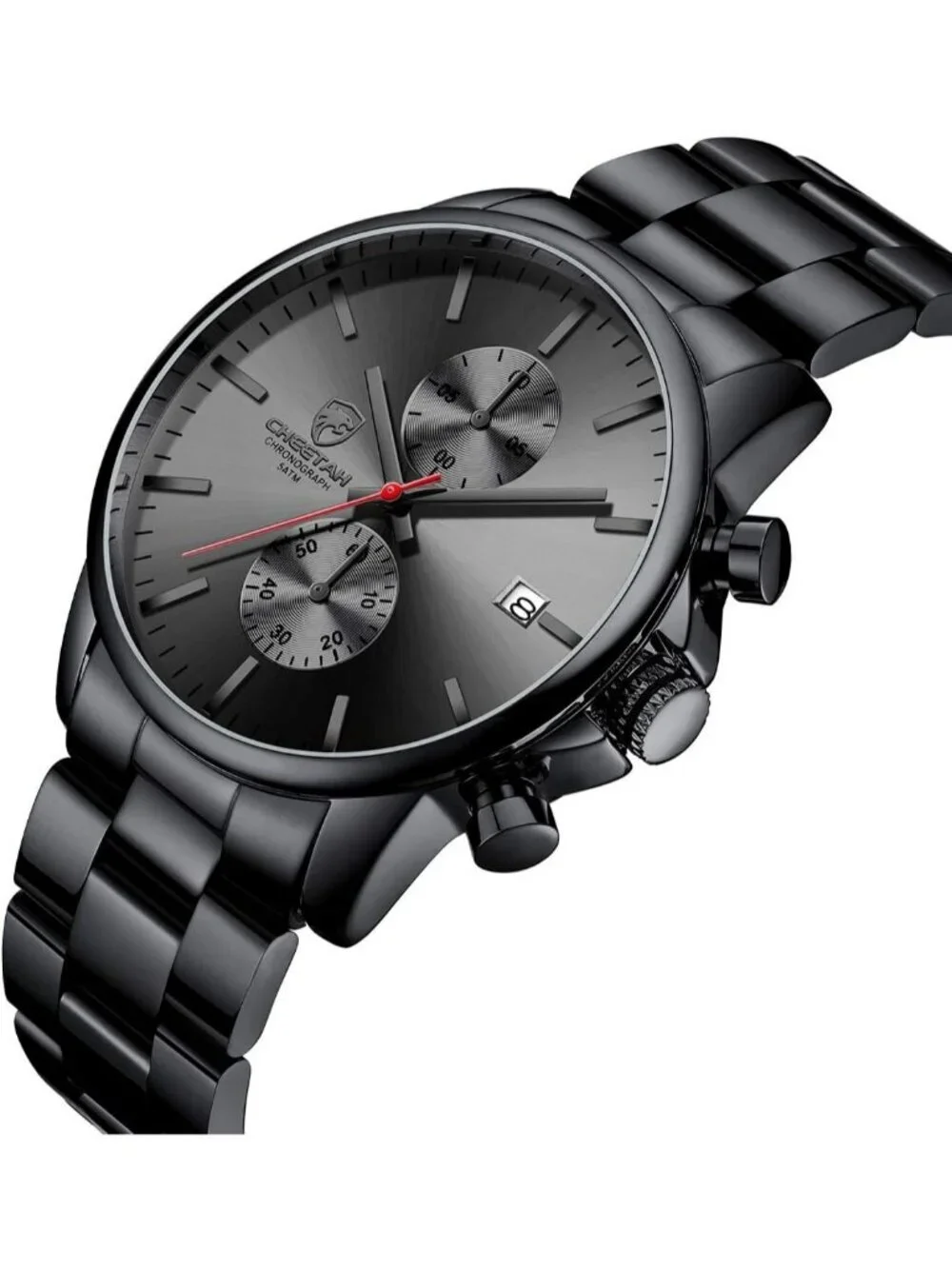 Mens Black Red Classic Stainless Steel Waterproof Chronograph Quartz Round Watch